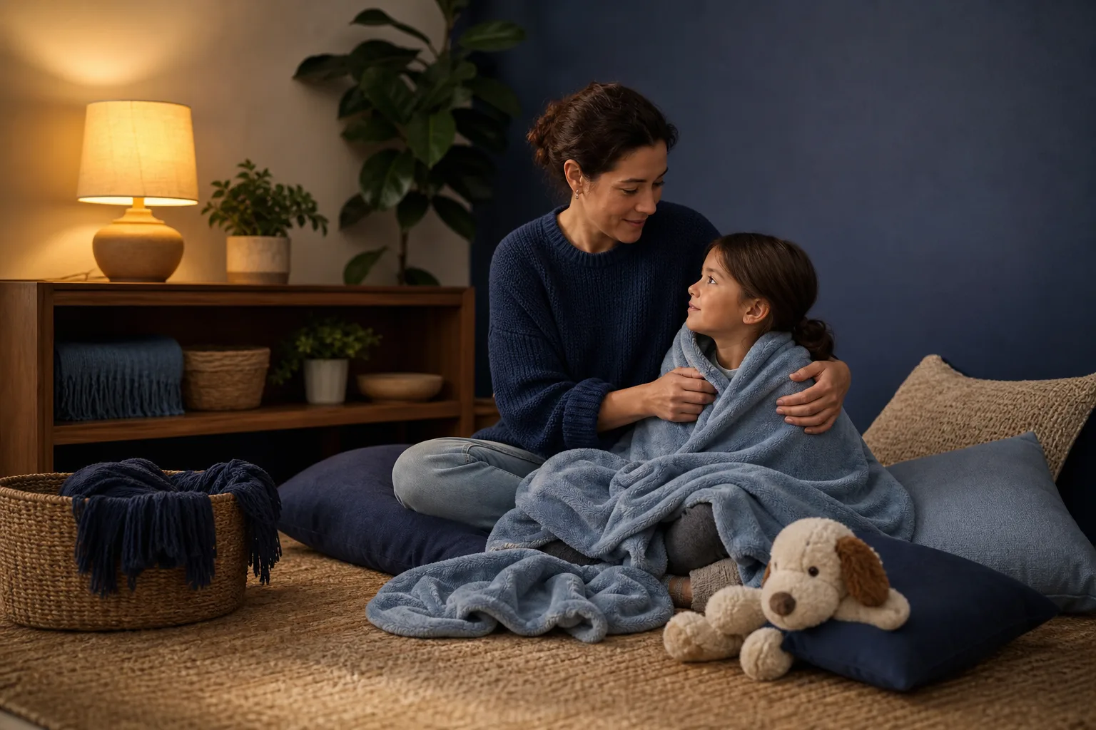 Adult reassuring a child wrapped in a blanket in a quiet interior room.
