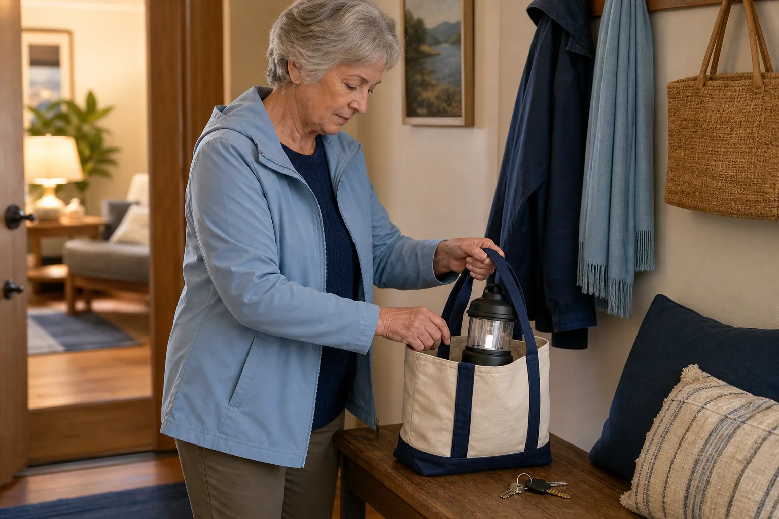 Older adult arranging a tote and battery lantern near an interior doorway.