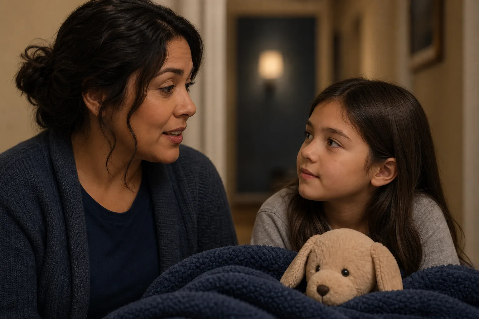 Adult calmly talking with a child in an interior hallway beside a blanket and stuffed animal.