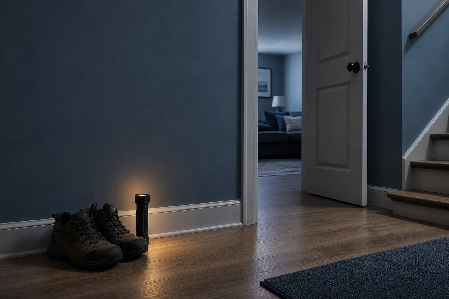 Sturdy shoes and a flashlight beside an open interior doorway in a quiet home.