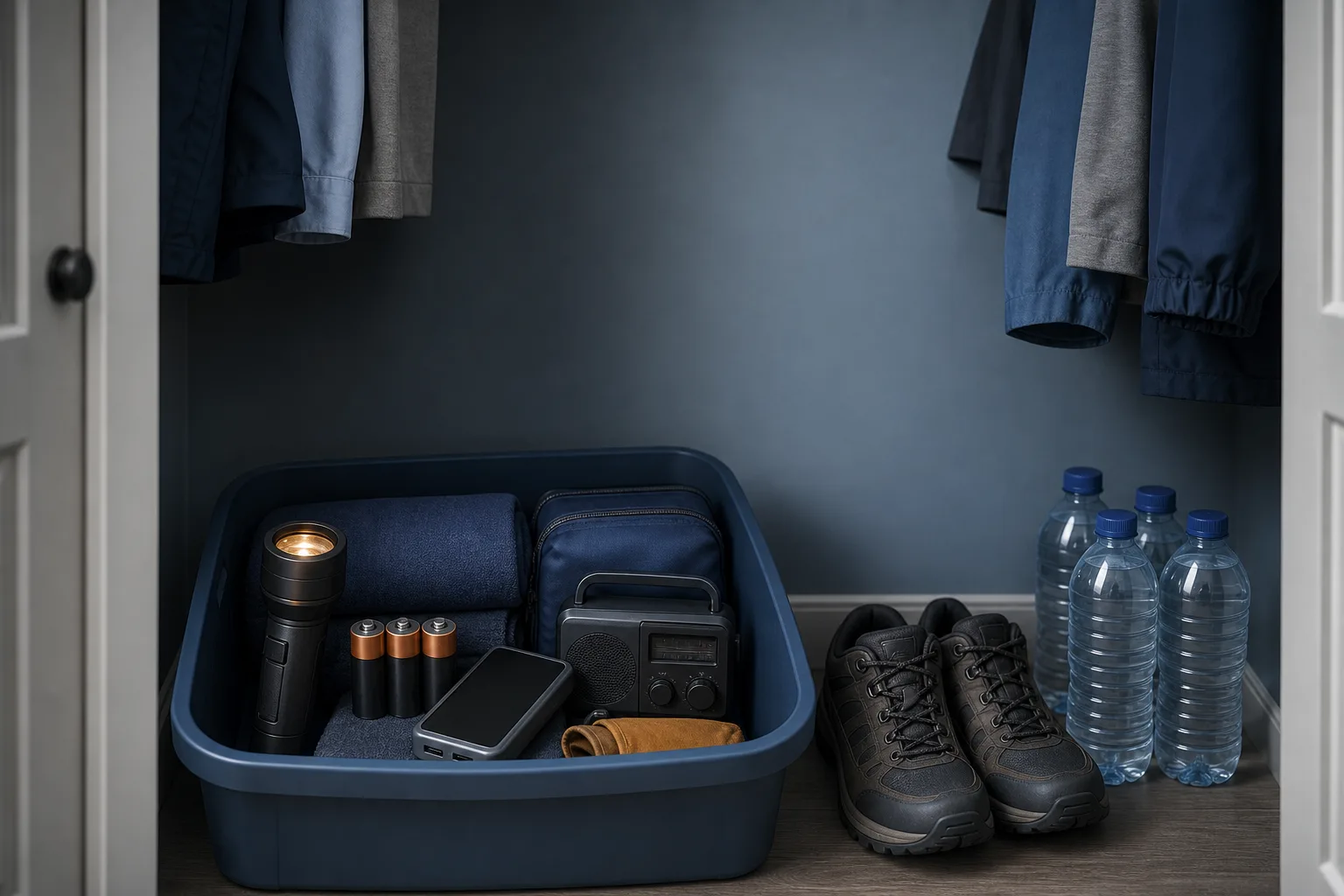 Flashlight, batteries, radio, water, and sturdy shoes arranged in an open emergency-supply bin.
