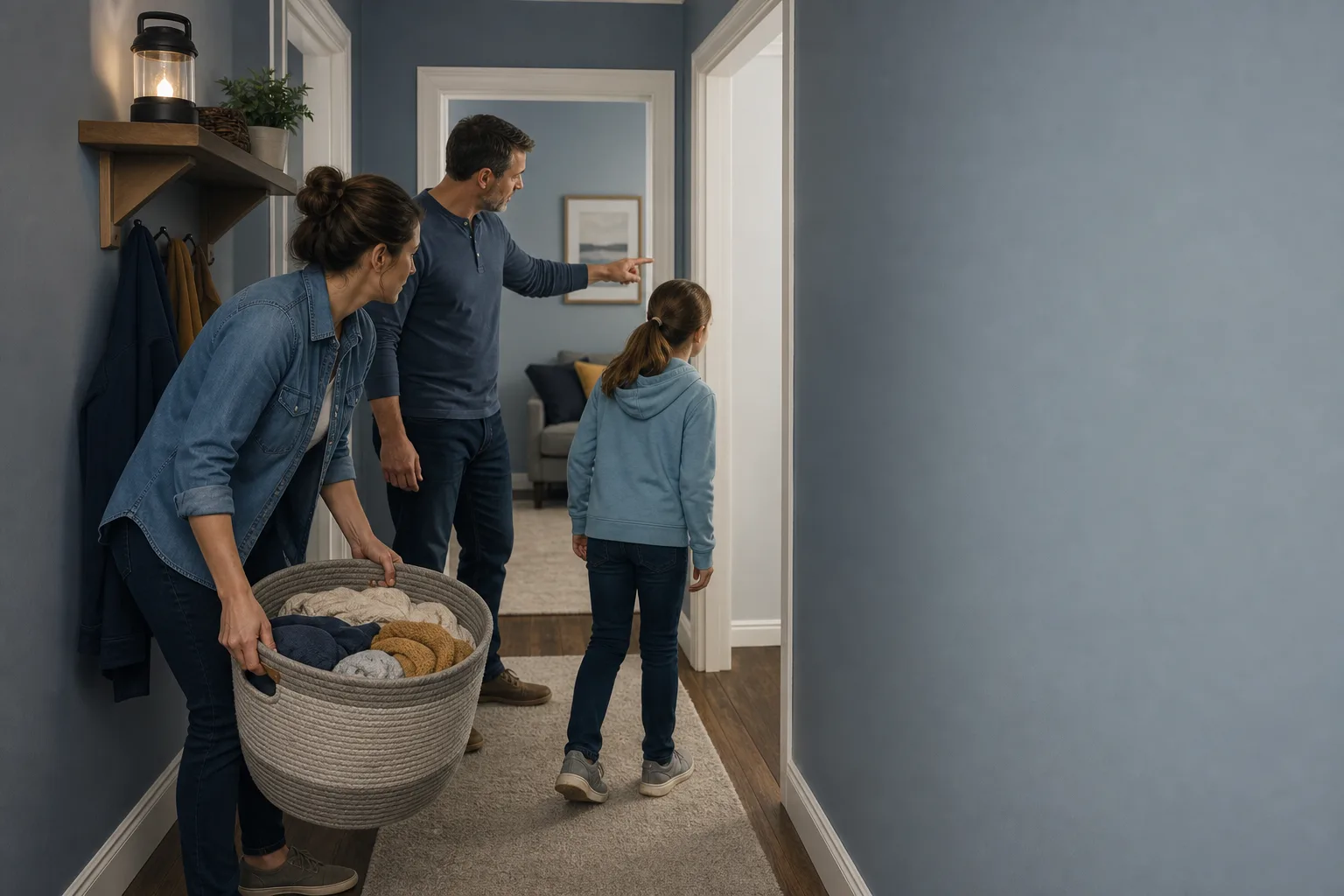 Family clearing a laundry basket while walking through an interior hallway.