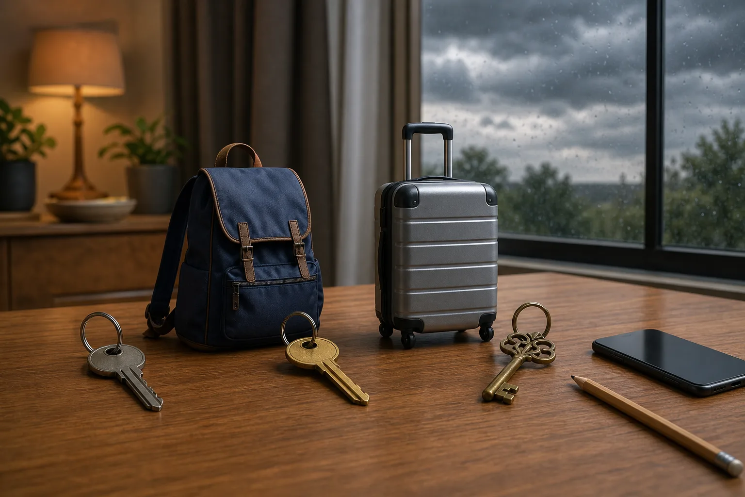 Backpack, small suitcase, keys, pencil, and face-down phone arranged on a table.