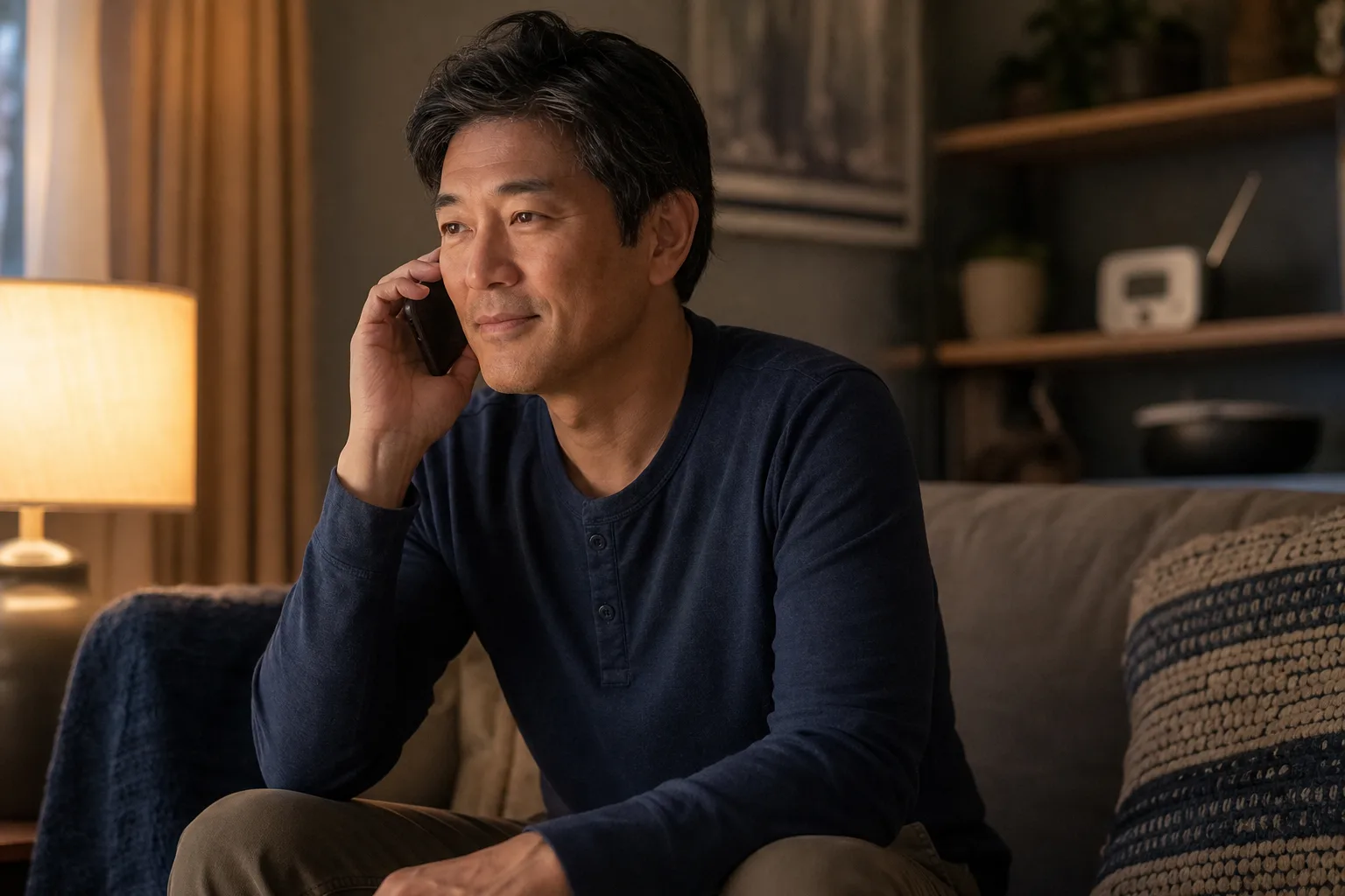 Adult making a calm check-in phone call in a quiet living room.