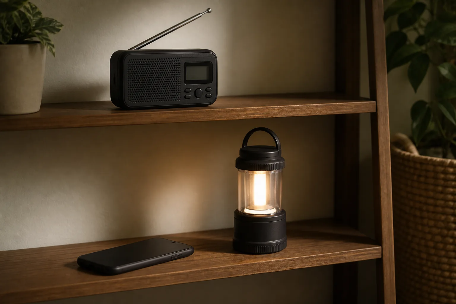 Weather radio, face-down phone, and battery lantern separated across two shelves.