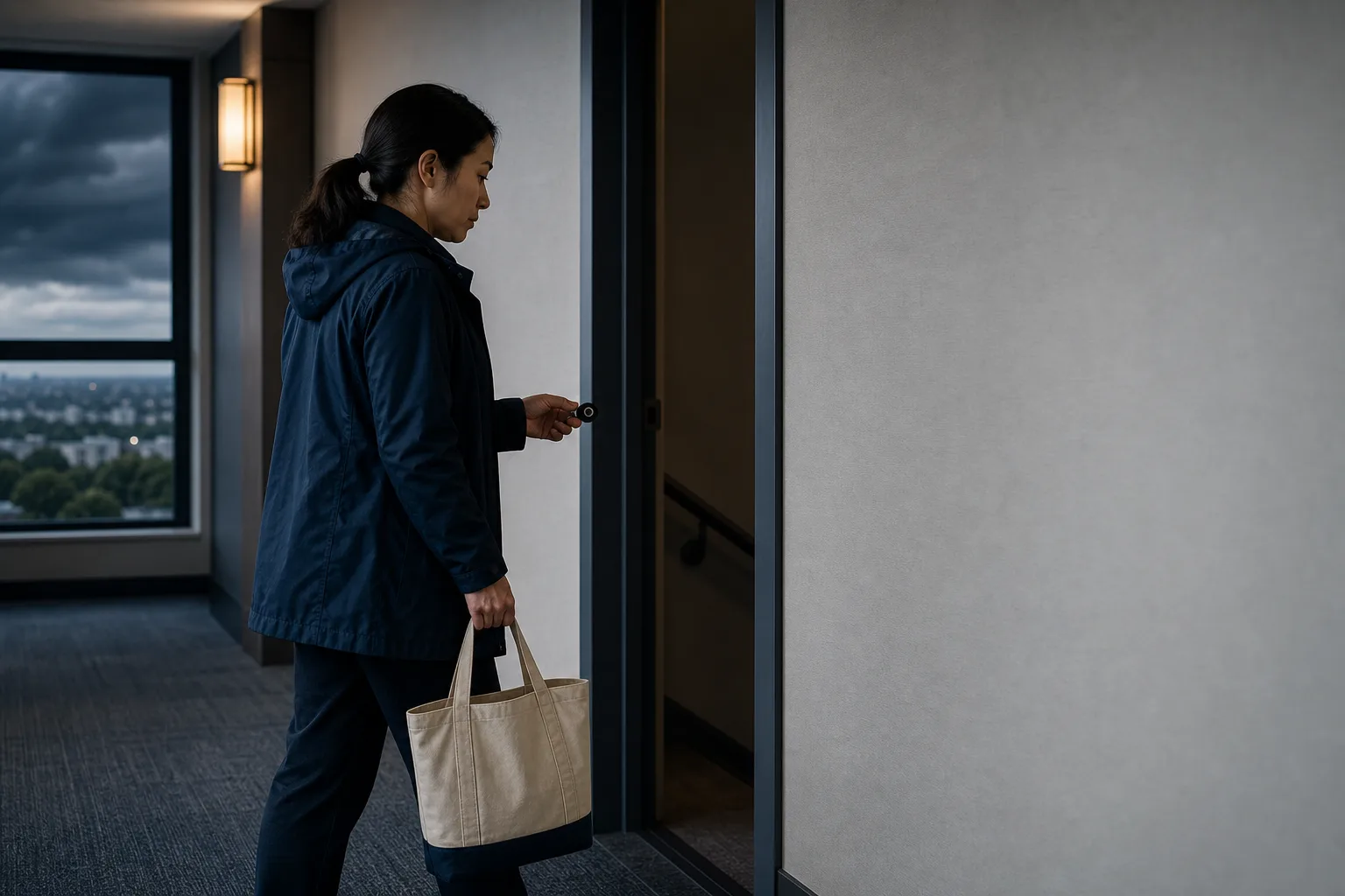 Apartment resident carrying a tote toward a lower interior corridor.