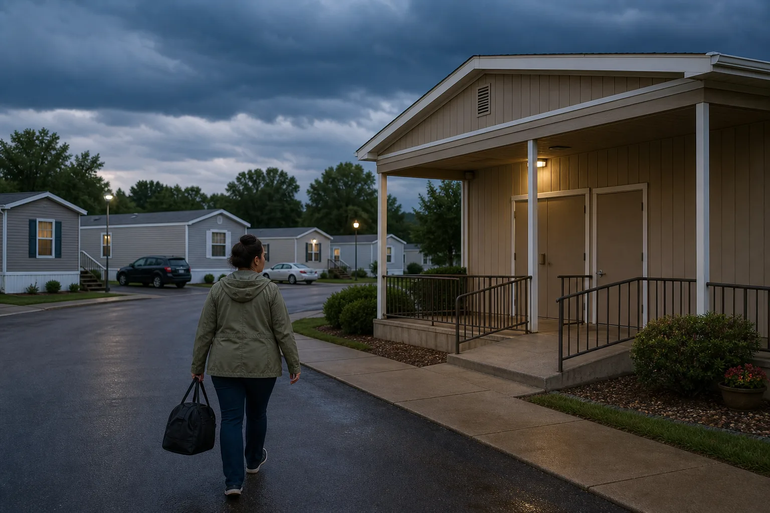Resident walking from manufactured homes toward a permanent community building under darkening skies.