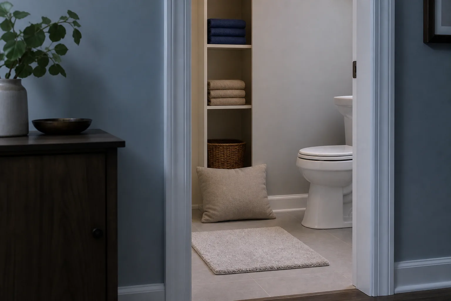 Towels and a cushion arranged on the floor of a small interior bathroom.