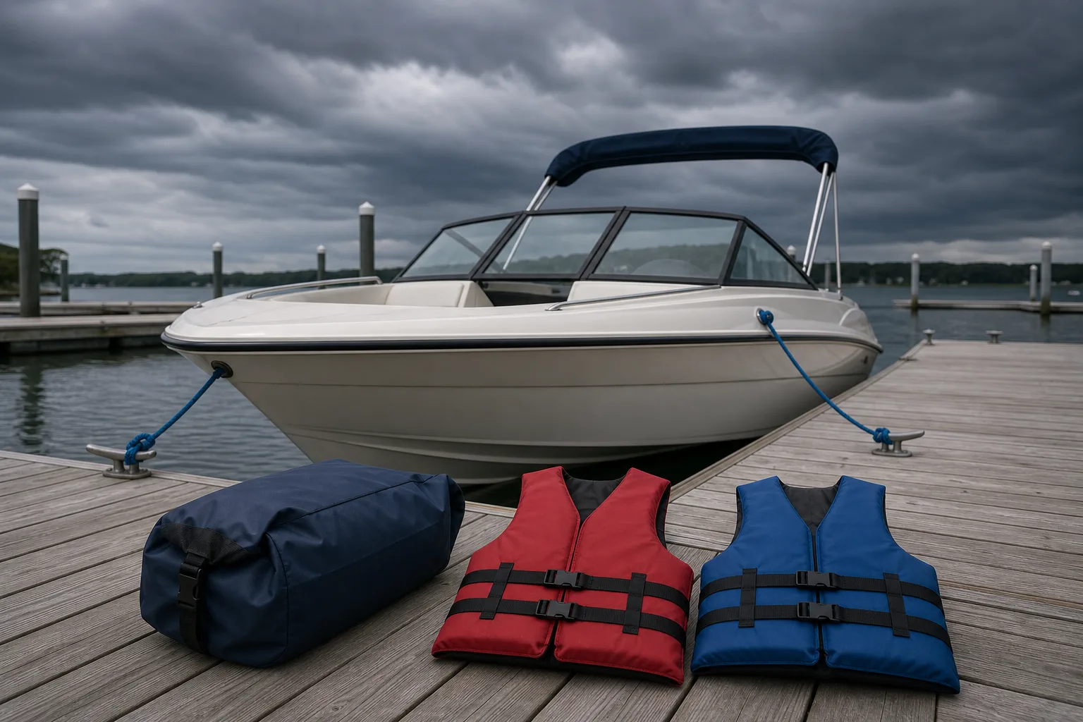 Two plain life jackets and a gear bag on a dock beside a small boat secured with dock lines.