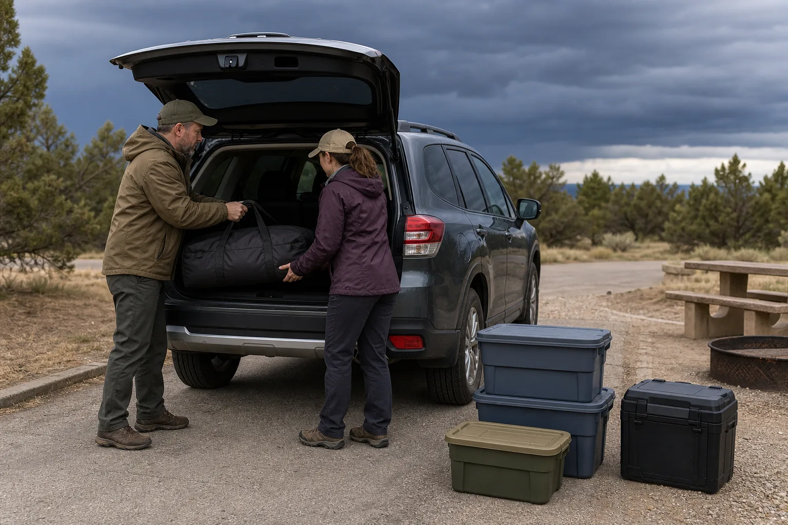Two campers loading a packed tent duffel into a hard-topped SUV before a storm.