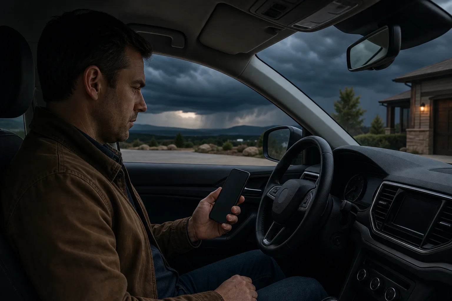 Driver parked before departure while checking a blank phone under building storm clouds.