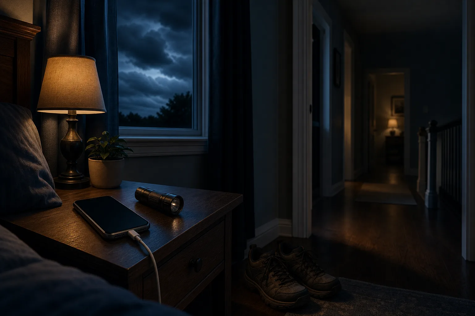 Flashlight, charging phone, and sturdy shoes arranged beside a bed before an overnight storm.