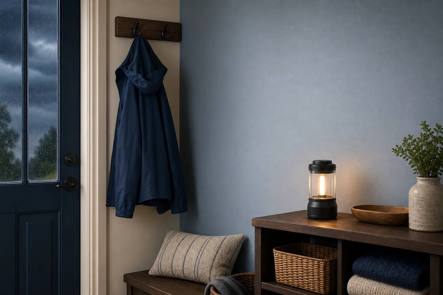 Rain jacket and battery lantern arranged in a quiet home entryway under darkening skies.