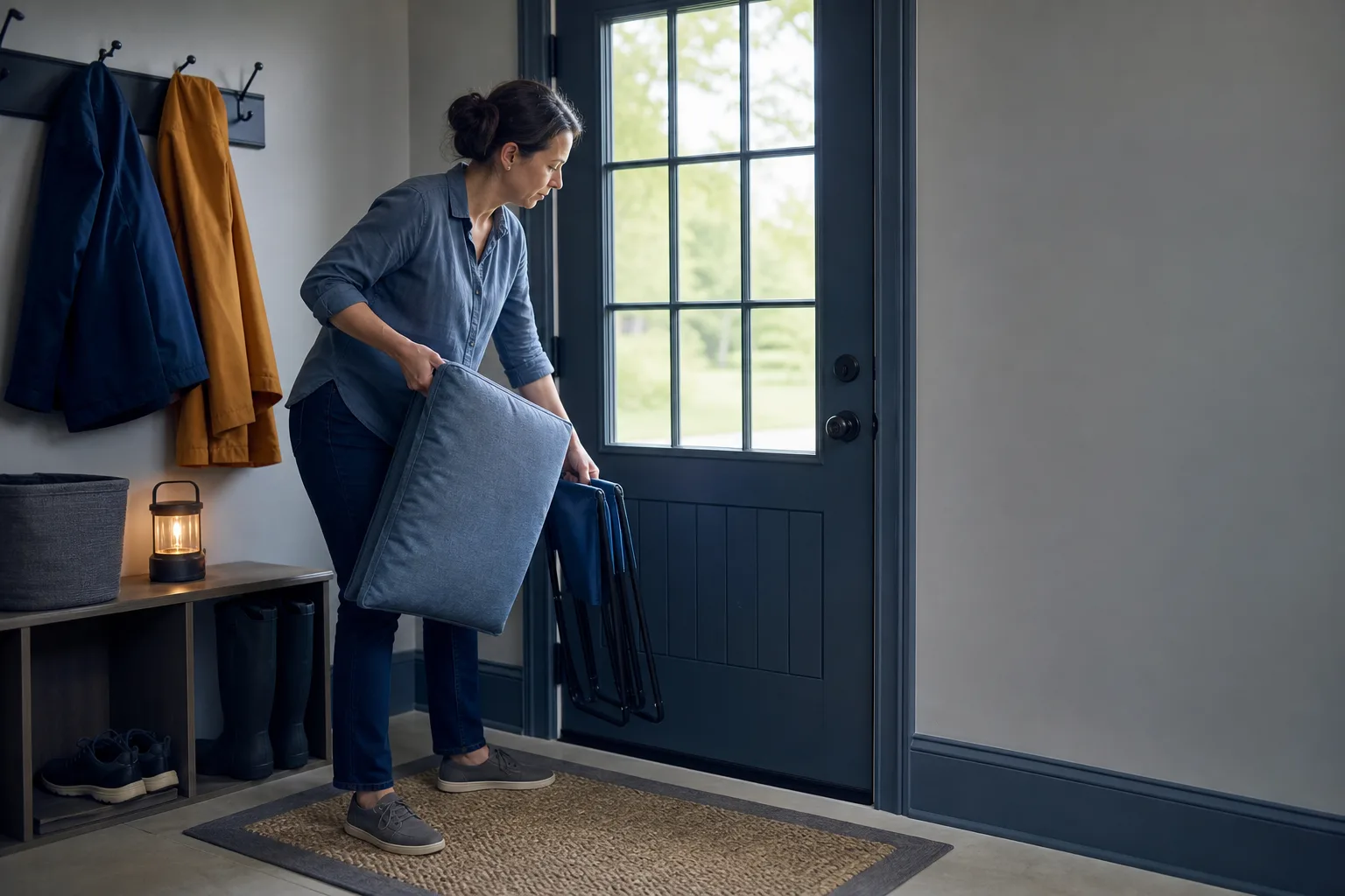 Woman moving a patio cushion and folding chair indoors near a closed entry door.