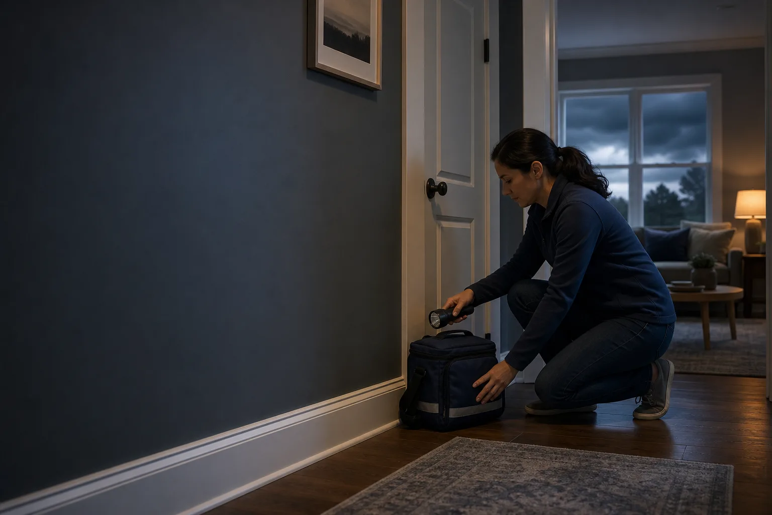 Woman placing a flashlight in a small bag near an interior doorway.