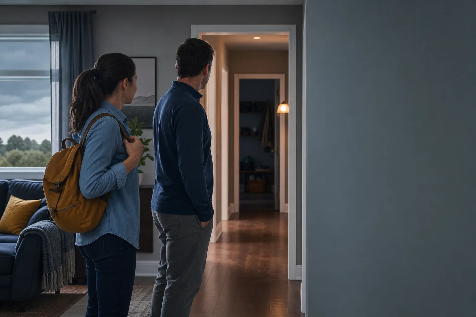 Two adults calmly orienting themselves toward an interior hallway in a home.