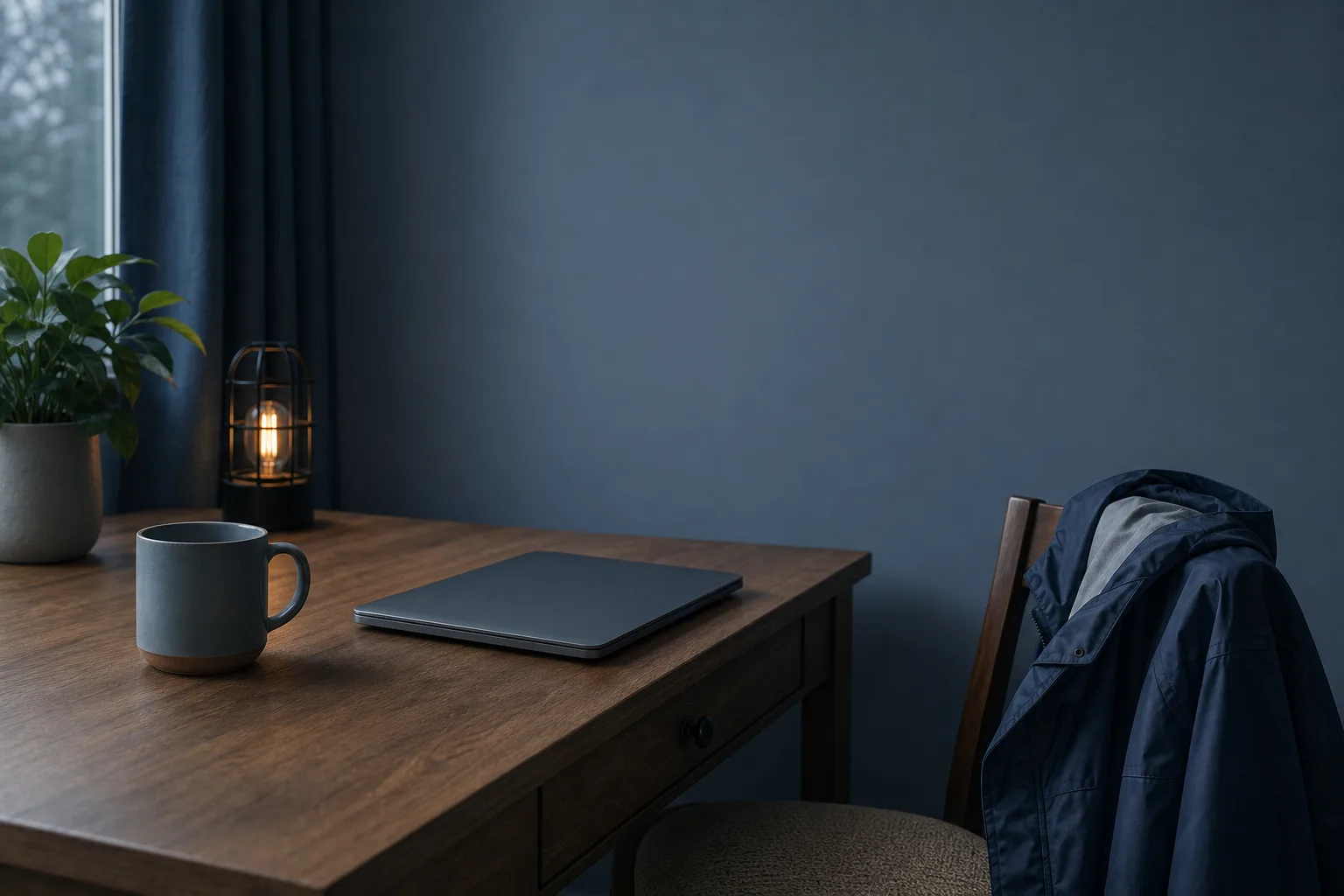 Closed laptop, mug, and rain jacket in a quiet home office under storm-gray light.