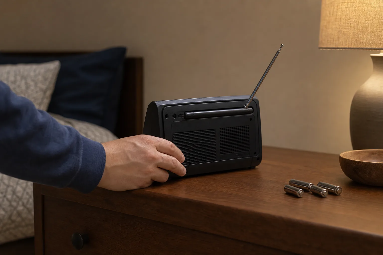 Hand adjusting a generic weather radio on a bedroom dresser beside spare batteries.