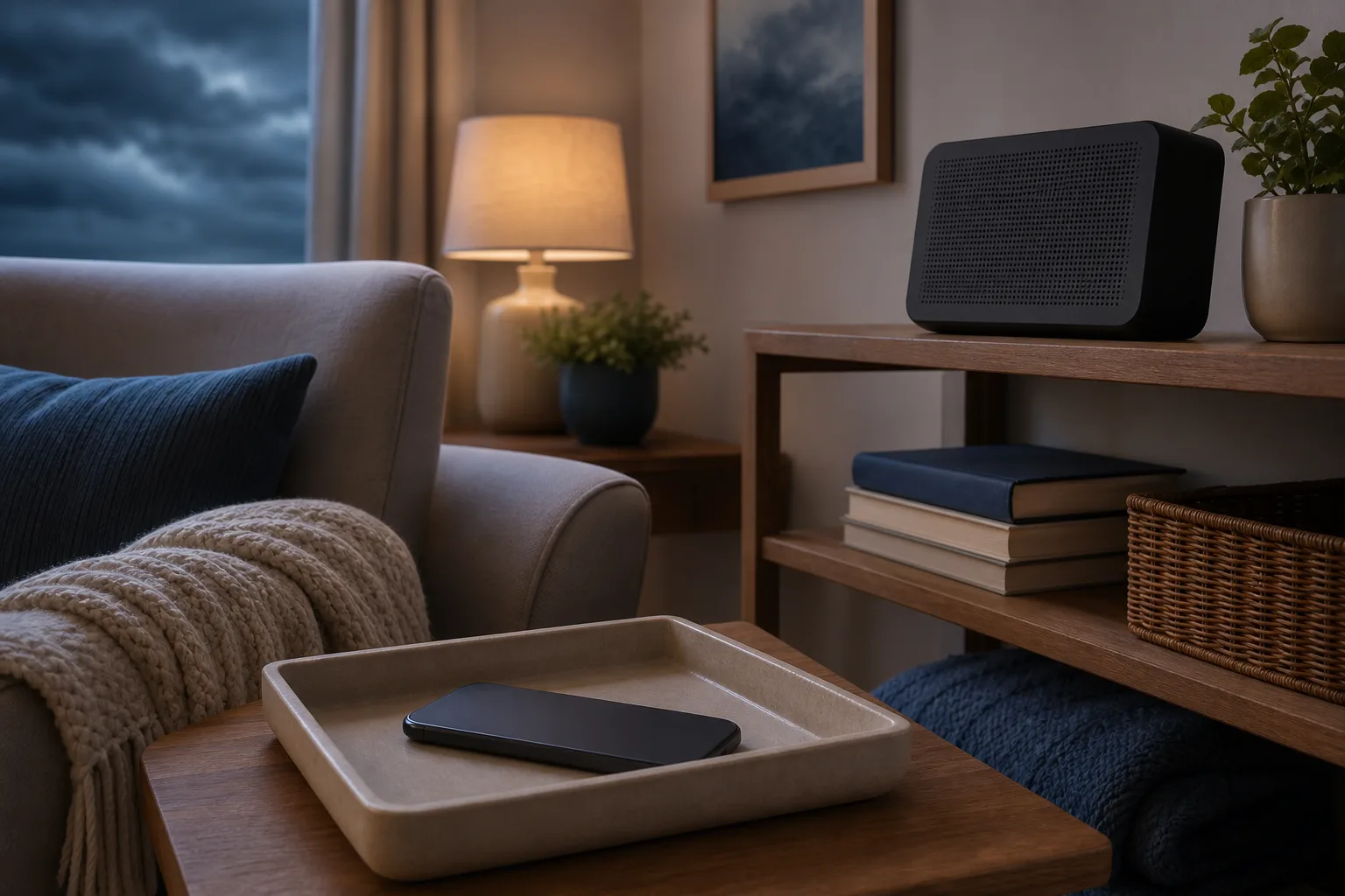 Face-down phone in a tray and a battery radio in a quiet living room.