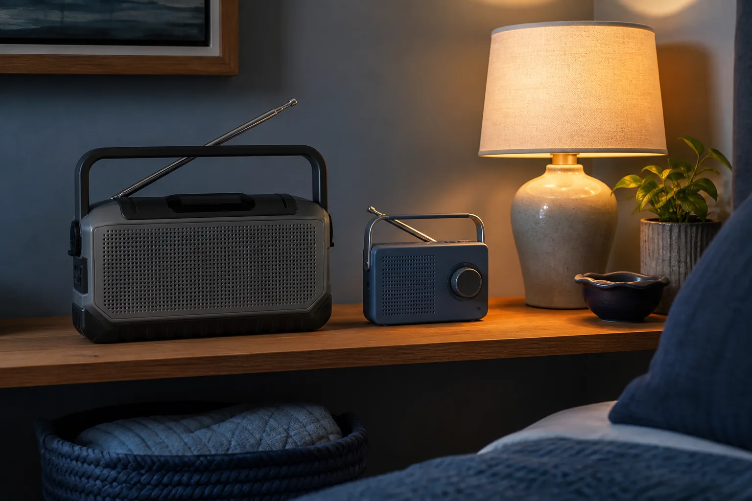 Two unbranded radios on a bedside shelf beside a warm lamp.