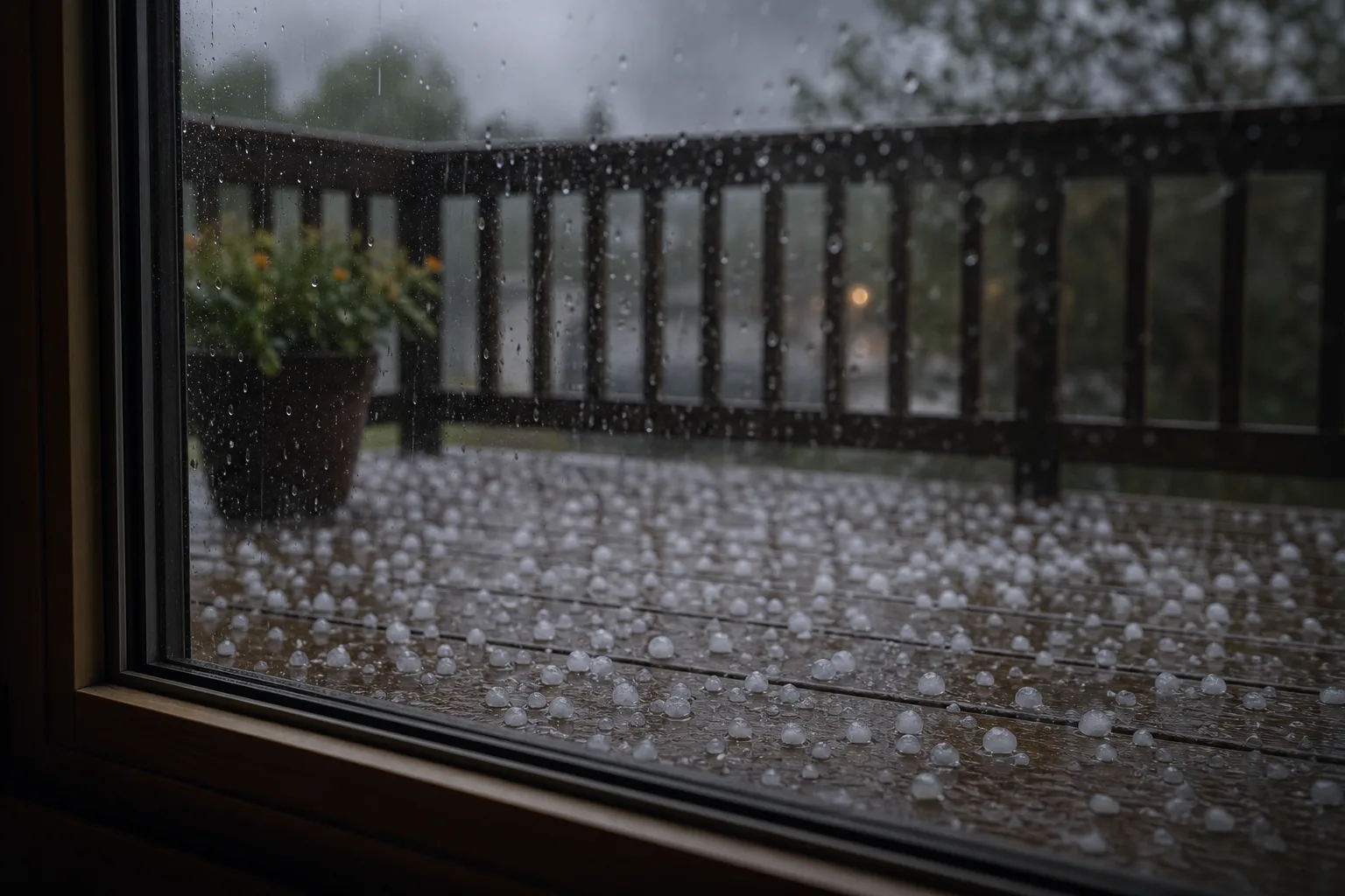Hailstones resting on a deck viewed safely through a closed window.