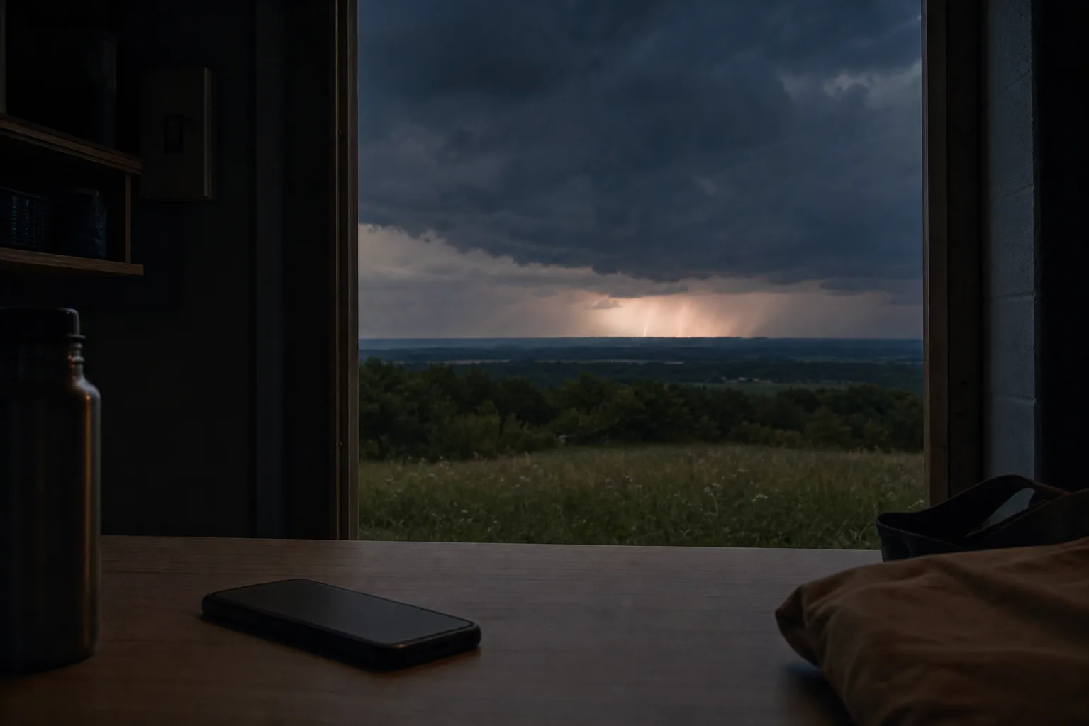 Face-down phone indoors with distant storm clouds and a faint lightning glow outside.