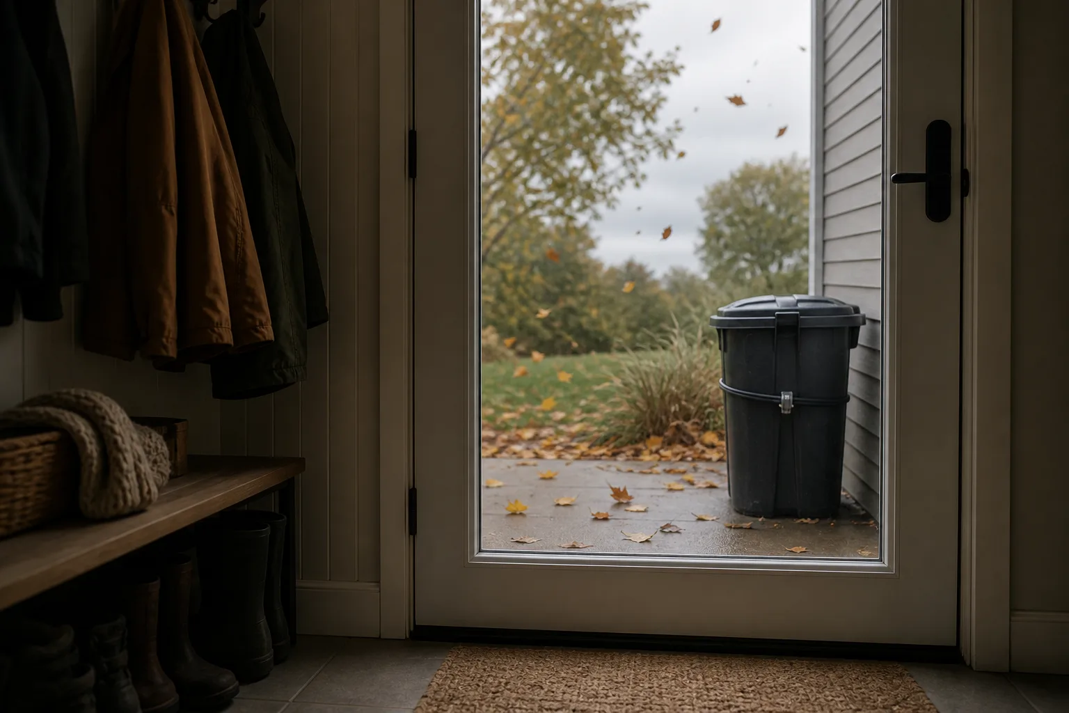 Leaves moving outside a closed mudroom door beside a secured trash bin.