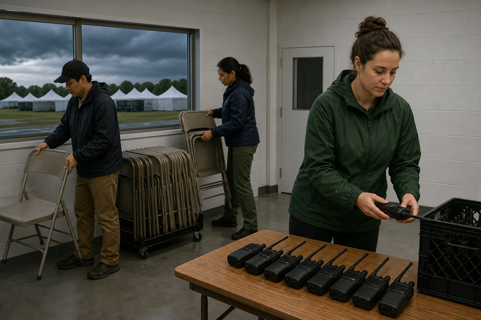 Festival staff arranging radios and folding chairs inside a permanent event office.