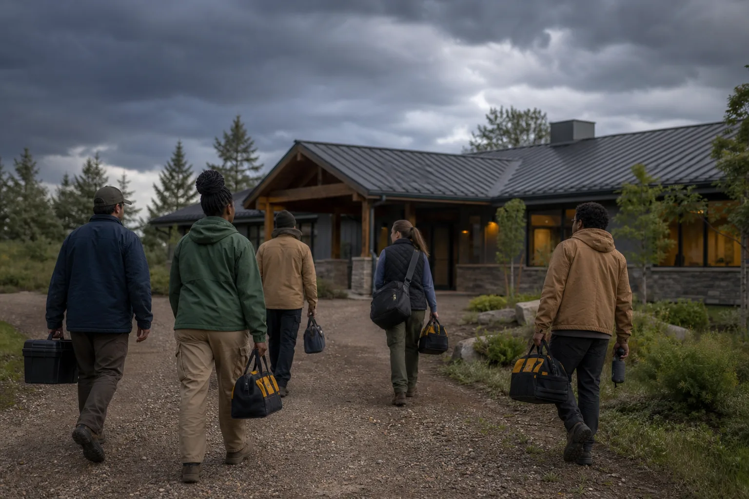 Outdoor work crew carrying lowered tools toward a sturdy building under darkening skies.