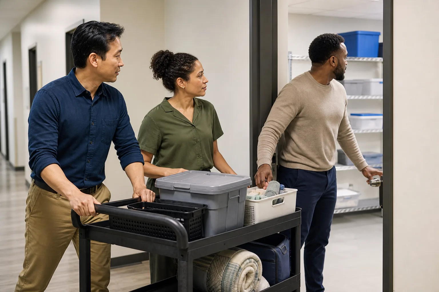 Three employees clearing a supply cart from a workplace corridor.